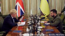 09.04.2022
Ukraine's President Volodymyr Zelenskiy and British Prime Minister Boris Johnson attend a meeting, as Russia’s attack on Ukraine continues, in Kyiv, Ukraine April 9, 2022. Ukrainian Presidential Press Service/Handout via REUTERS ATTENTION EDITORS - THIS IMAGE HAS BEEN SUPPLIED BY A THIRD PARTY. MANDATORY CREDIT