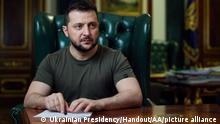 KYIV, UKRAINE - APRIL 09: (----EDITORIAL USE ONLY ‚Äì MANDATORY CREDIT - UKRAINIAN PRESIDENCY / HANDOUT - NO MARKETING NO ADVERTISING CAMPAIGNS - DISTRIBUTED AS A SERVICE TO CLIENTS----) Ukrainian President Volodymyr Zelenskyy addresses nation as Russia's offensive enters day 45 in Kyiv, Ukraine on April 09, 2022. Ukrainian Presidency/Handout / Anadolu Agency