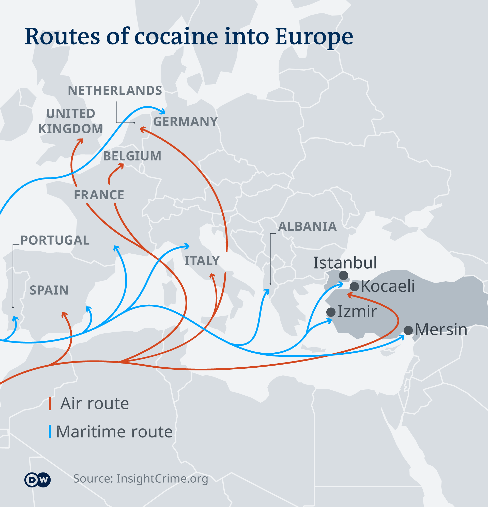 Map: cocaine routes into Europe via air and by sea, through Turkey and other countries