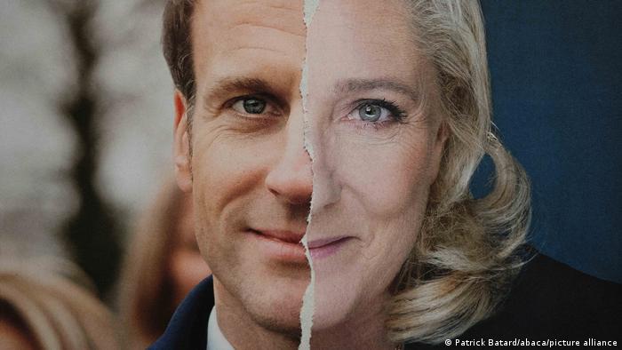 An illustration showing the faces of French President Emmanuel Macron and Marine Le Pen