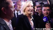 French far-right party Rassemblement National (RN) presidential candidate Marine Le Pen answers journalists' questions after the first results of the first round of the Presidential election in Paris, on April 10, 2022. (Photo by Thomas SAMSON / AFP)