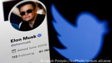 Elon Musk's Twitter profile displayed on a computer screen and Twitter logo displayed on a phone screen are seen in this illustration photo taken in Krakow, Poland on April 9, 2022. (Photo by Jakub Porzycki/NurPhoto)
