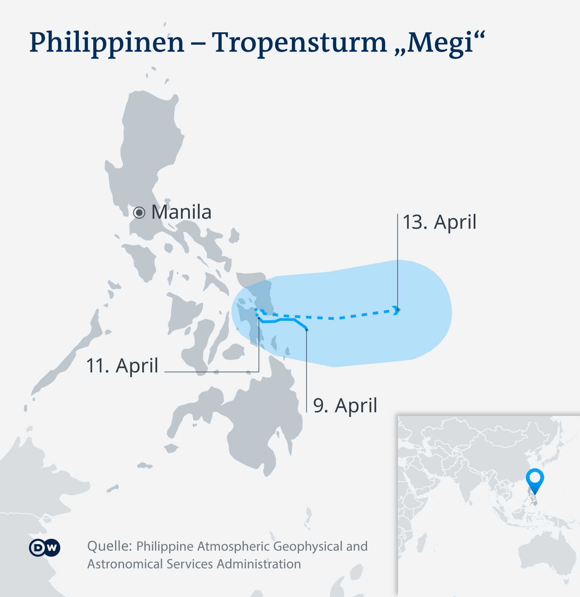 Die Karte zeigt die Bewegung des Tropensturms Megi auf den Philippinen