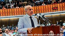 In this photo released by National Assembly of Pakistan, newly elected Pakistani Prime Minister Shahbaz Sharif addresses a National Assembly session, in Islamabad, Pakistan, Monday, April 11, 2022. Pakistan's parliament elected opposition lawmaker Sharif as the new prime minister Monday, following a week of political turmoil that led to the weekend ouster of Premier Imran Khan. (National Assembly of Pakistan via AP)