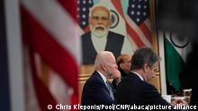 United States President Joe Biden meets virtually with Prime Minister Narendra Modi of India at the White House in Washington, DC, April 11, 2022. Credit: Chris Kleponis / Pool via CNP