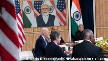 United States President Joe Biden meets virtually with Prime Minister Narendra Modi of India at the White House in Washington, DC, April 11, 2022. Credit: Chris Kleponis / Pool via CNP