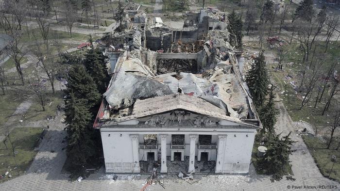 Ruined theater building in Mariupol