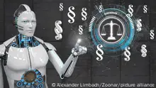 White robot clicking on the display with scale and paragraphs. 3d illustration.