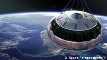 This image rendering handout courtesy of Space Perspective released April 7, 2022 shows the exterior of the spaceship Neptune capsule floating above Florida. - A new entrant in the space tourism market promises customers views of the Earth's curvature from the comfort of a luxury cabin, lifted to the upper atmosphere with a giant balloon.
Space Perspective on Tuesday revealed illustrations of its swish cabins, which it hopes to start launching from the Kennedy Space Center in Florida from late 2024. More than 600 tickets have so far been sold, at $125,000 each.
With five-feet (1.5 meter) high windows, deep seats, dark, purple tones and subdued lighting, the atmosphere contrasts with the white and sanitized capsules of its competitors.
Wifi connectivity and a drinks bar round out the Space Lounge inside the company's Neptune capsule. (Photo by Space Perspective / AFP) / RESTRICTED TO EDITORIAL USE - MANDATORY CREDIT AFP PHOTO / HANDOUT / Space Perspective - NO MARKETING - NO ADVERTISING CAMPAIGNS - DISTRIBUTED AS A SERVICE TO CLIENTS / To go with AFP story by Lucie AUBOURG / Issam AHMED: Space balloon company offers first look at luxury cabins