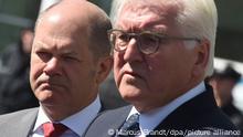German president Frank-Walter Steinmeier (R) and Hamburg's mayor Olaf Scholz in Hamburg, Germany, 9 July 2017. German president Steinmeier arrived in the city on Sunday in order to inform himself about the policing of the anti-G20 demonstrations. Photo: Marcus Brandt/dpa