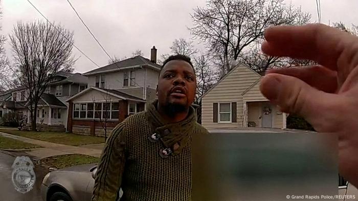 A still from the body cam footage during the traffic stop showing Patrick Lyoya before he was killed