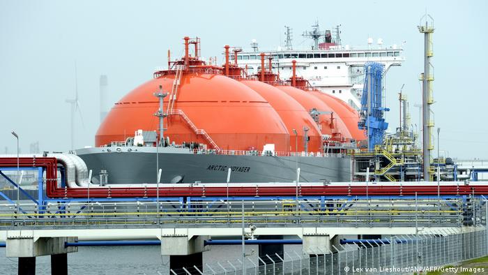 A massive gas transport ship at an LNG terminal in Rotterdam, Netherlands