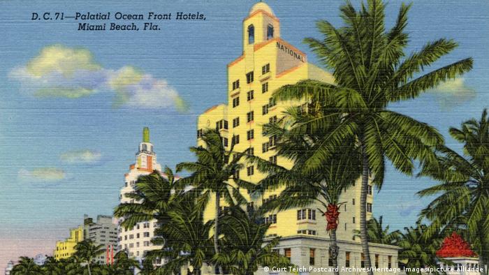 Oceanfront hotels on a colorful postcard from 1941.