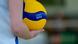 A person holds a blue and yellow volleyball in their hand A person holds a blue and yellow volleyball in their hand