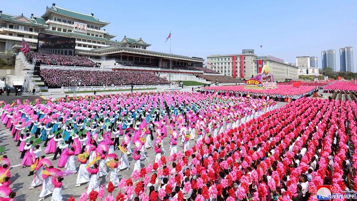 Performers at the birth anniversary celebrations in Pyongyang. (Photo by KCNA VIA KNS / AFP)