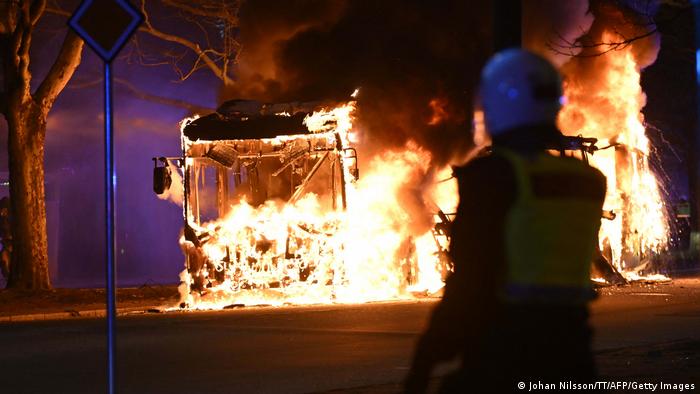A bus on fire in Malmo, Sweden