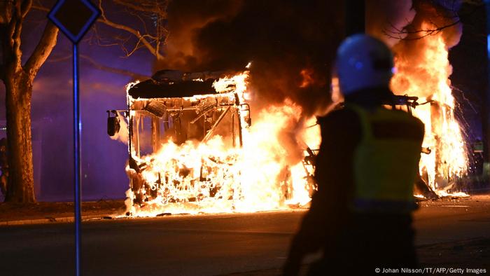 A bus on fire in Malmo, Sweden