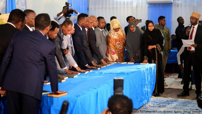 Newly elected deputies attend oath-taking ceremony after the parliamentary elections in Mogadishu, Somalia on April 14