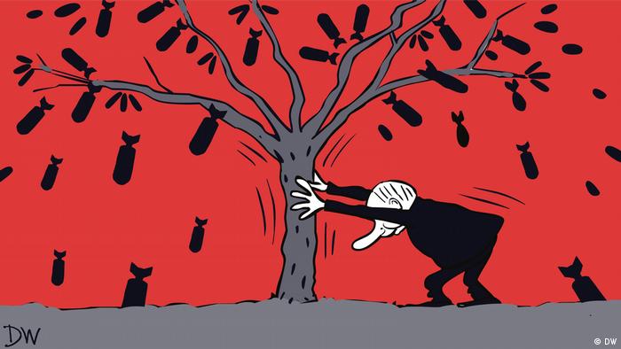Карикатура - человек, похожий на президента России Владимира Путина, трясет дерево с бомбами. Бомбы падают с дерева.