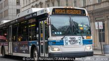 February 16, 2022, New York, New York, USA: Bus LED sign reads Masks Required in Lower Manhattan. This month Governor Hochul lifted some mask mandates in New York State but masks are still required on board buses, subways and commuter rail in the MTA system as well as at indoor stations. (Credit Image: Â© Gina M Randazzo/ZUMA Press Wire