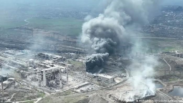 Smoke rises above Azovstal steelworks, in Mariupol, Ukraine, in this still image obtained from a recent drone video posted on social media by Mariupol City Council.