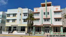Two colorful Art Deco buildings on Ocean Drive boulevard in Miami Beach. 