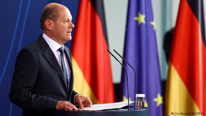 German Chancellor Olaf Scholz makes a statement in Berlin