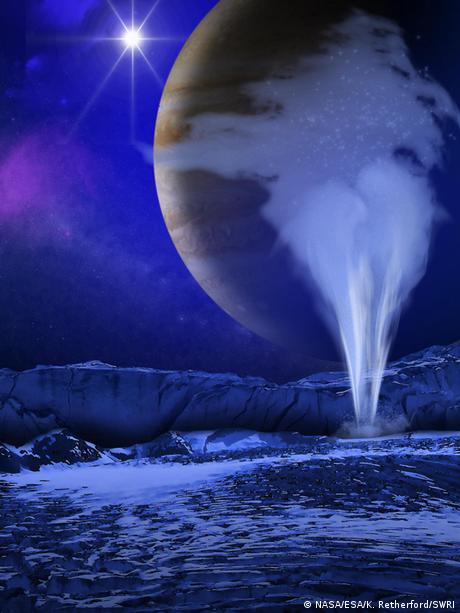 Concepto artístico de un penacho de vapor de agua que se cree que es expulsado de la gélida y helada superficie de la luna joviana Europa.