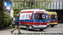 Ambulances are seen at JSW's Pniowek coal mine after a probable methane explosion, in Pawlowice, Poland, April 20, 2022. Dominik Gajda/Agencja Wyborcza.pl via REUTERS ATTENTION EDITORS - THIS IMAGE WAS PROVIDED BY A THIRD PARTY. POLAND OUT. NO COMMERCIAL OR EDITORIAL SALES IN POLAND.
