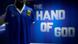 A gloved hand rests on the shoulder of a jersey worn by Diego Maradona, an advertisement wall behind reads 'The Hand of God' A gloved hand rests on the shoulder of a jersey worn by Diego Maradona, an advertisement wall behind reads 'The Hand of God'