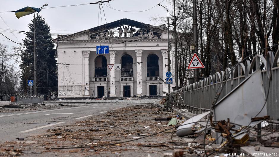  A view of a theater building destroyed in the embattled city of Mariupol