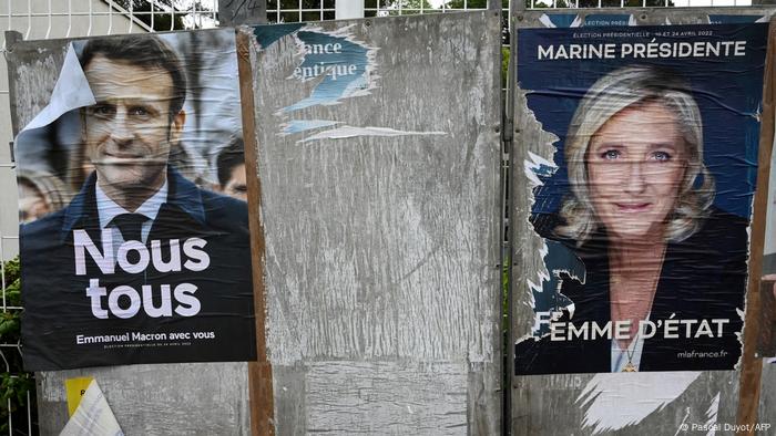 election posters showing Emmannuel MAcron and Marine Le Pen