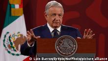 18.04.2022 *** Mexico's President, Andres Manuel Lopez Obrador, speaks during the daily morning press conference after the opposition deputies rejected Electricity Reform at the National Palace in Mexico City. On Apr 18, 2022 In Mexico City, Mexico. (Photo by Luis Barron/Eyepix/NurPhoto)