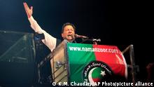 Former Pakistani Prime Minister Imran Khan addresses during an anti government rally, in Lahore, Pakistan, Thursday, April 21, 2022. Thousands of supporters of Khan's Pakistan Tehreek-e-Insaf party rallied to accuse the country's new leadership of being an 'imposed government' that colluded with the U.S. to oust Khan. Khan claims Washington opposes him because of his independent foreign policy favoring China and Russia. (AP Photo/K.M. Chaudary)