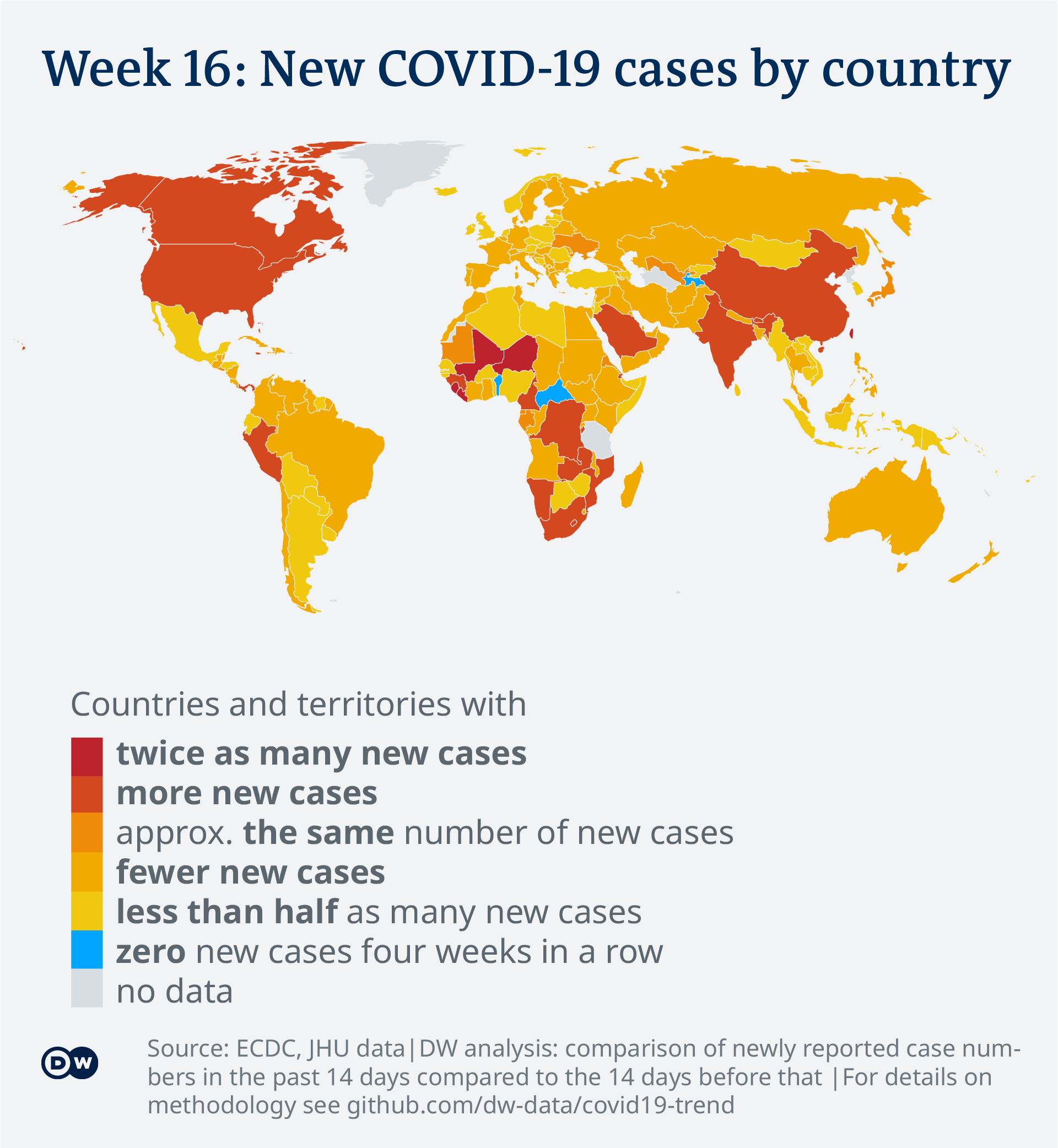 Data visualization: COVID-19 global new case numbers trend - map calendar week 16, 2022