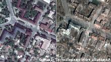This satellite image provided by Maxar Technologies shows homes and buildings before and after Russia's attack in Mariupol, Ukraine, on June 21, 2021. (Maxar Technologies via AP) TKHK307