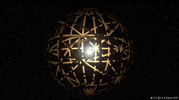 Representación en 3D de una esfera Dyson con grandes paneles en órbita.