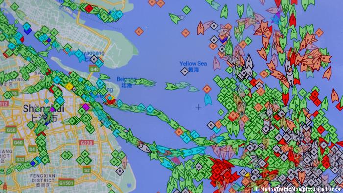 A graphic from the Marine Traffic app shows dozens of ships moored near the port of Shanghai.