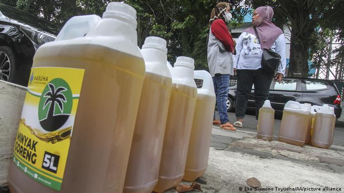 A row of 5 liter jugs of palm oil