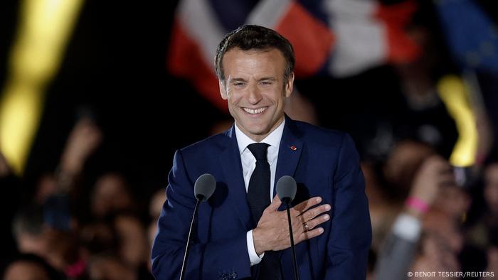 Emmanuel Macron gives a speech after his reelection