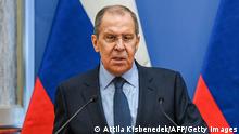 Russian Foreign Minister Sergey Lavrov attends a joint press conference with Hungary's Foreign and Trade Minister in Budapest, Hungary on August 24, 2021. - Lavrov is on a one-day working visit in Hungary. (Photo by Attila KISBENEDEK / AFP) (Photo by ATTILA KISBENEDEK/AFP via Getty Images)