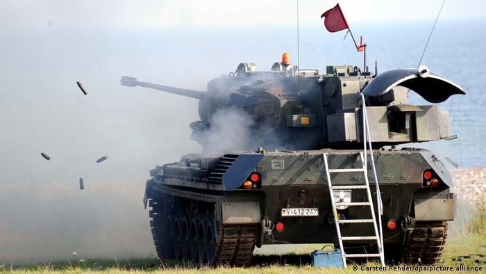 A Gepard air defence tank shooting a drone at the firing range in Todendorf, Germany