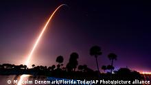 In a slow camera exposure, SpaceX Falcon rocket launches Wednesday, April 27, from pad 39A at Kennedy Space Center to the ISS. NASA astronauts Kjell Lindgren, Bob Hines, and Jessica Watkins were joined by European Space Agency astronaut Samantha Cristoforetti. Time exposure of launch from Kelly Park on Merritt Island. (Malcolm Denemark/Florida Today via AP)