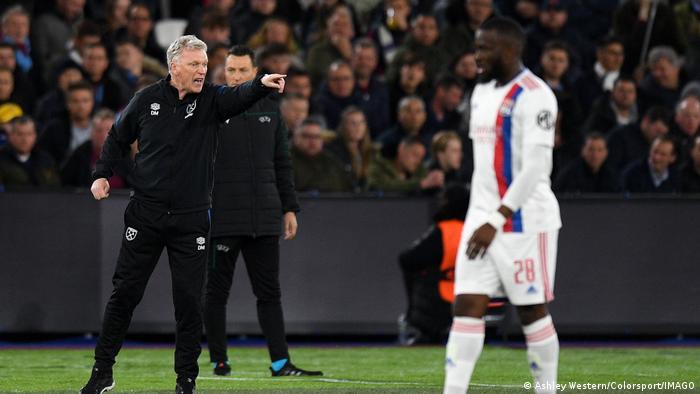 West Ham coach David Moyes barks instructions from the touchline during his team's Europa League quarter-final against Lyon