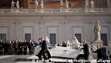 Pope Francis arrives to start his weekly general audience in St. Peter's Square, at the Vatican, Wednesday, April 27, 2022. (AP Photo/Andrew Medichini)