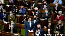 Canadian Prime Minister Justin Trudeau speaks before a virtual address to Parliament by Ukrainian President Volodymyr Zelensky, in the House of Commons on Parliament Hill in Ottawa, on March 15, 2022. (Photo by Justin Tang / POOL / AFP) (Photo by JUSTIN TANG/POOL/AFP via Getty Images)
