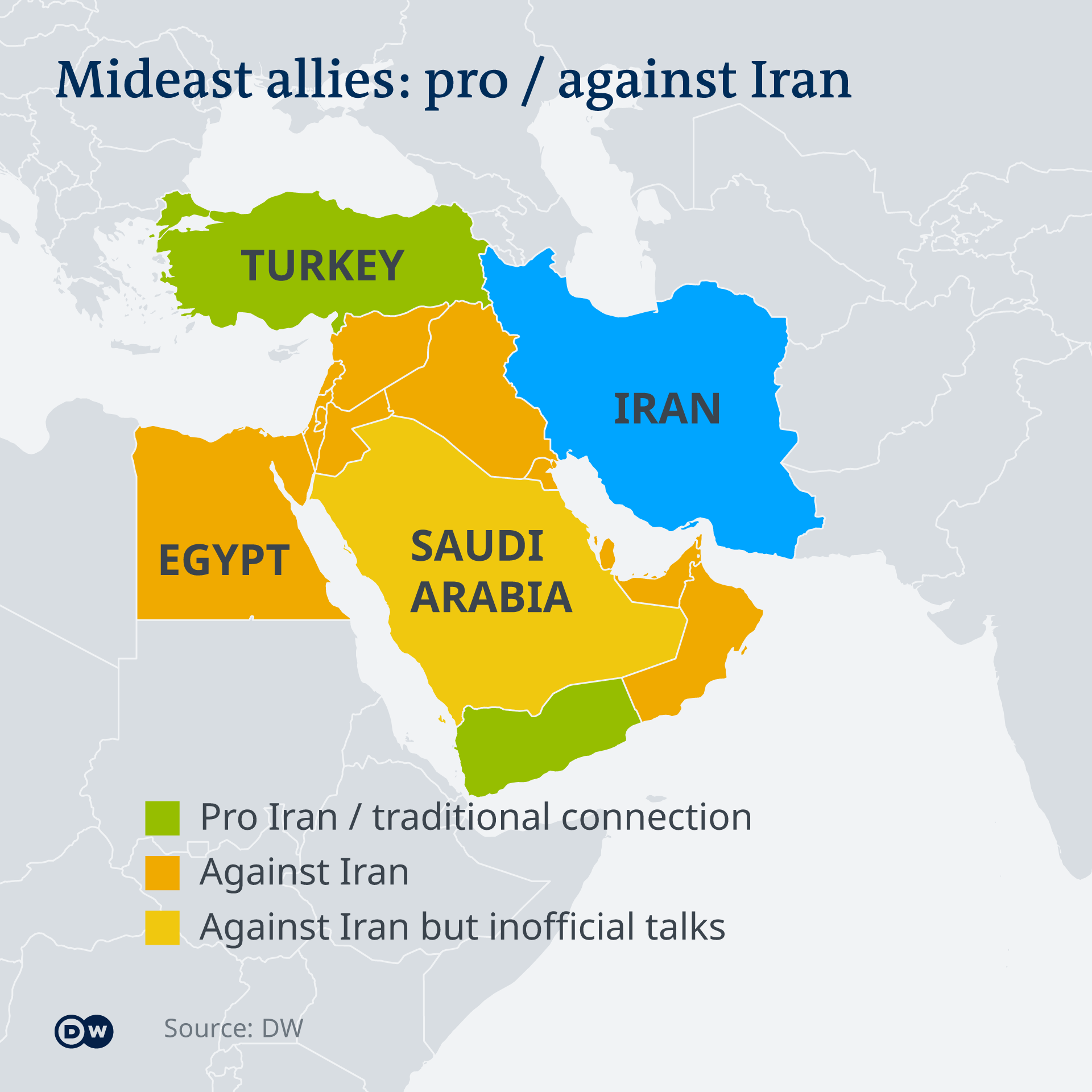 A map showing Mideast countries who support/don't support Iran