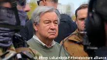 U.N. Secretary-General Antonio Guterres reacts during his visit to Borodyanka, close to Kyiv, Ukraine, Thursday, April 28, 2022. (AP Photo/Efrem Lukatsky)