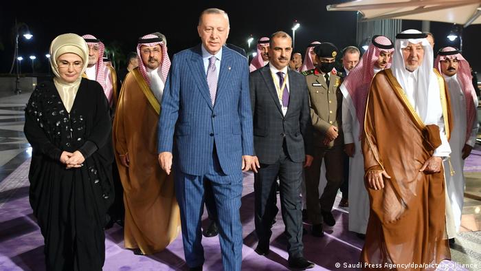 Turkish president Erdogan and his wife Emine arrive at the airport in Saudi Arabia