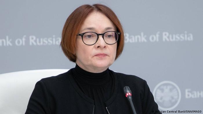 The head of the Russian central bank, Elvira Nabiullina, speaks during a news conference in Moscow